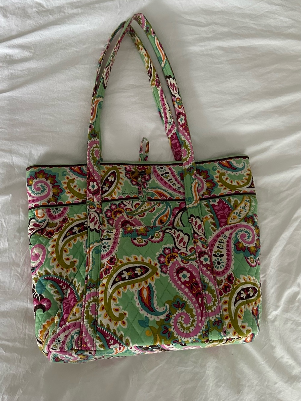 Vera Bradley Mint Paisley Quilted Shoulder Tote with Pink and Yellow Accents